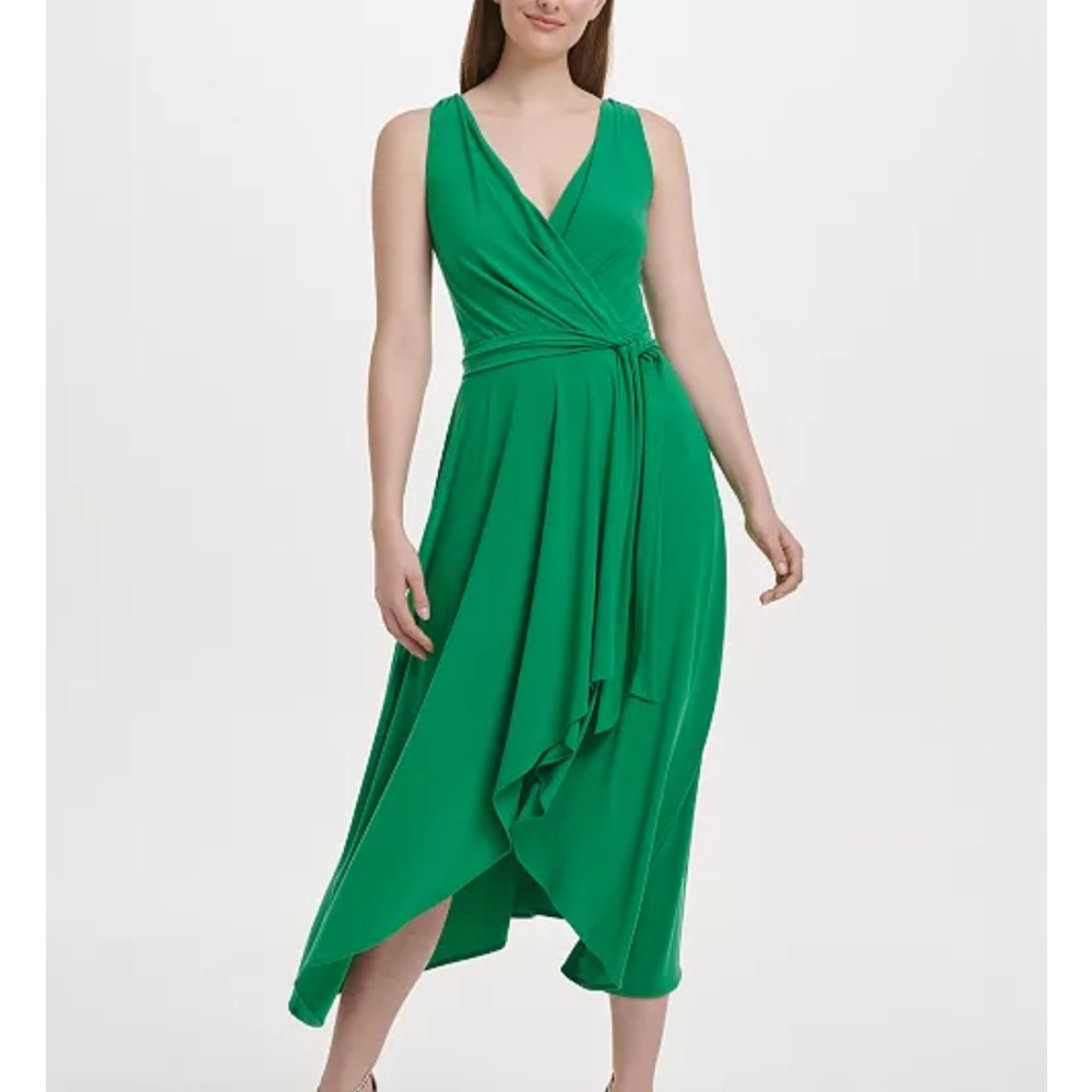 DKNY Green lightweight Jersey Faux Wrap Handkerchief Dress with belt- SZ 8